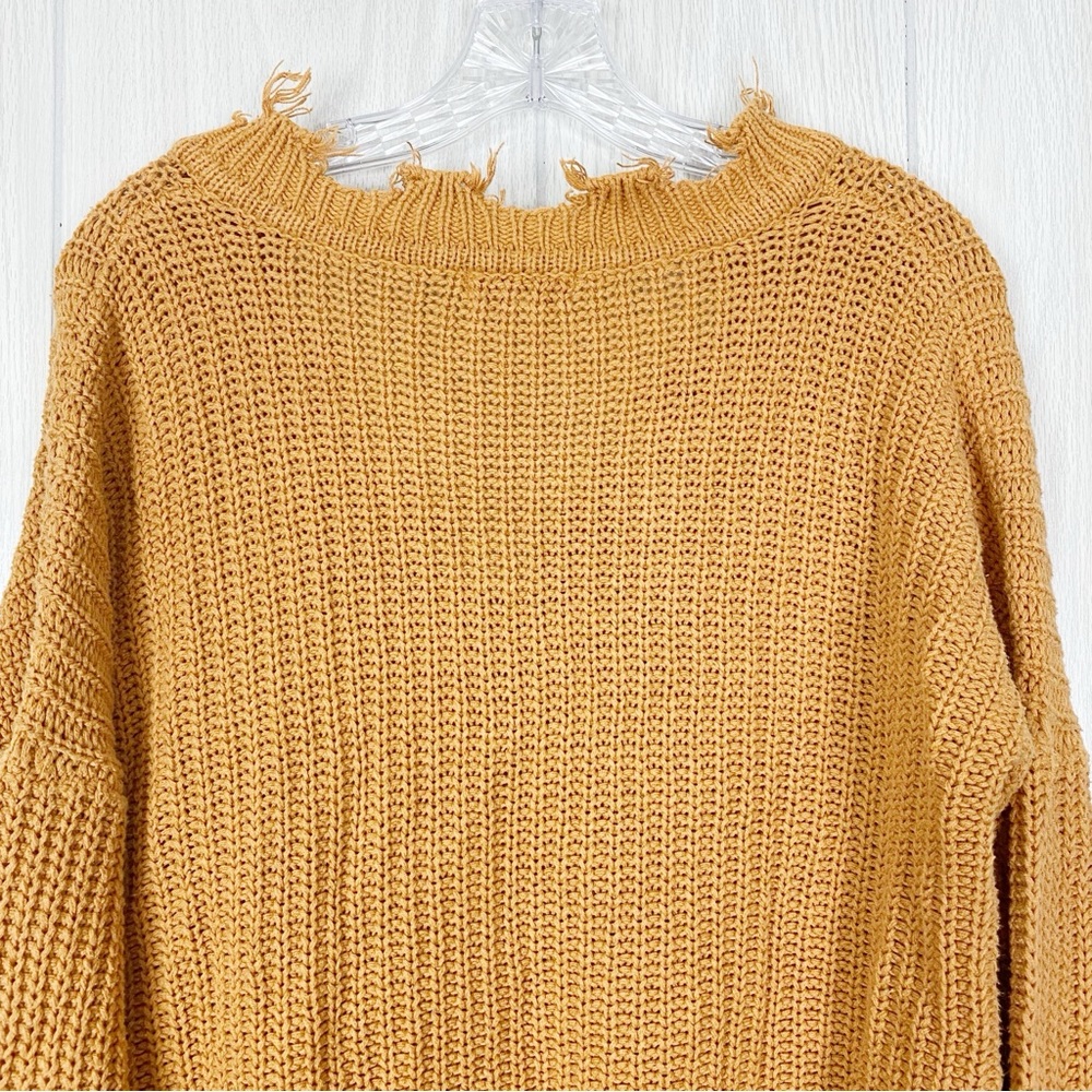 Andree by Unit | Mustard Yellow Knit Frayed V-Neck Pullover Sweater Size Large - Picture 6 of 14